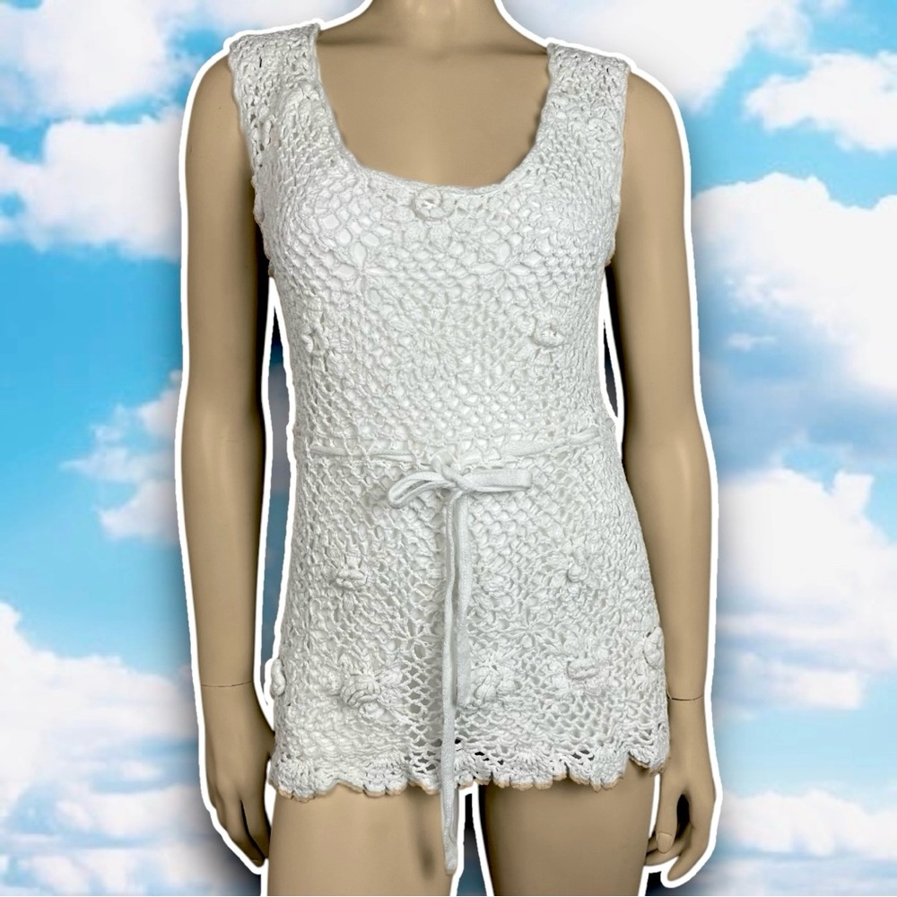 VINTAGE 90s Y2k Crochet 3D Rosette Flowers Scalloped Trim Tunic Tank Boho Hippie